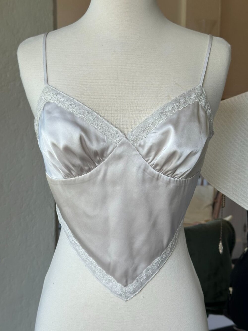 Mable Ivory Satin Lace Trim Corset Cami Top Open Back Tie Size S